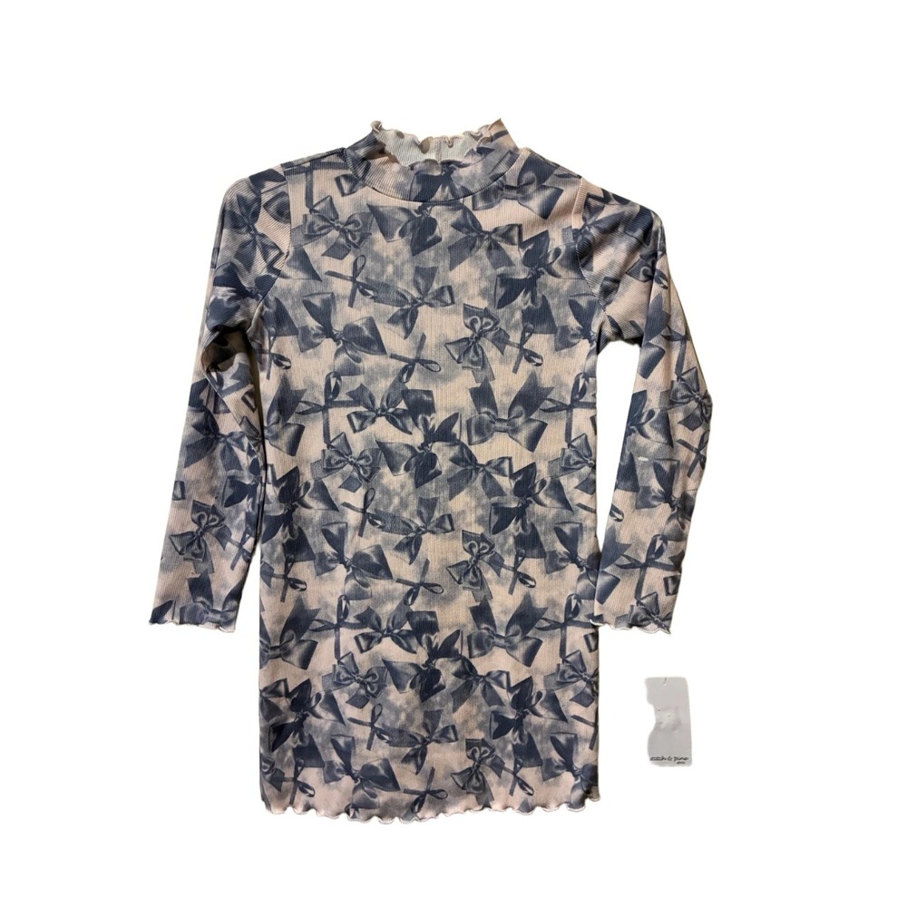 Stitch & Pine Girls Bow Print Mock Neck Ribbed‎ Top Pink Gray Lettuce Edge L 14